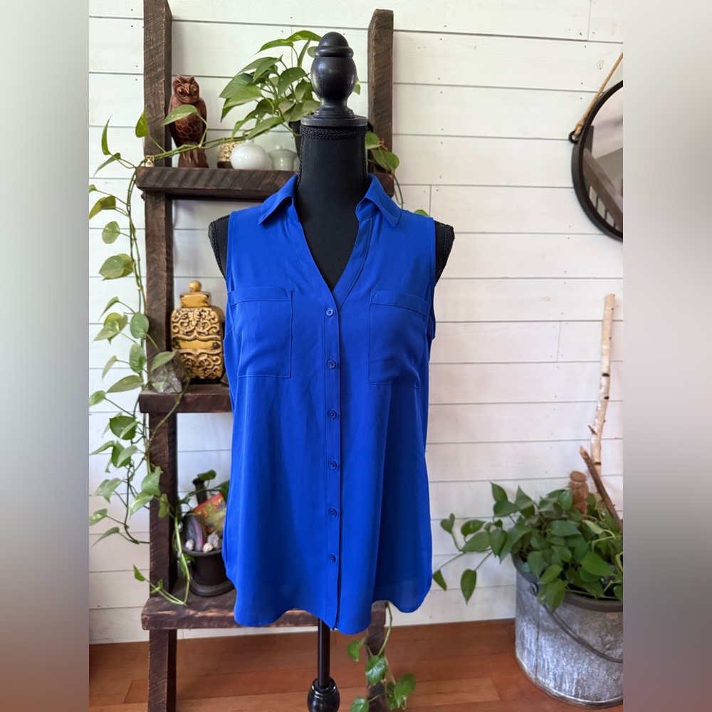 Express: Blue Sleeveless Button-Up Blouse with Cold Shoulder Back - Picture 11 of 17
